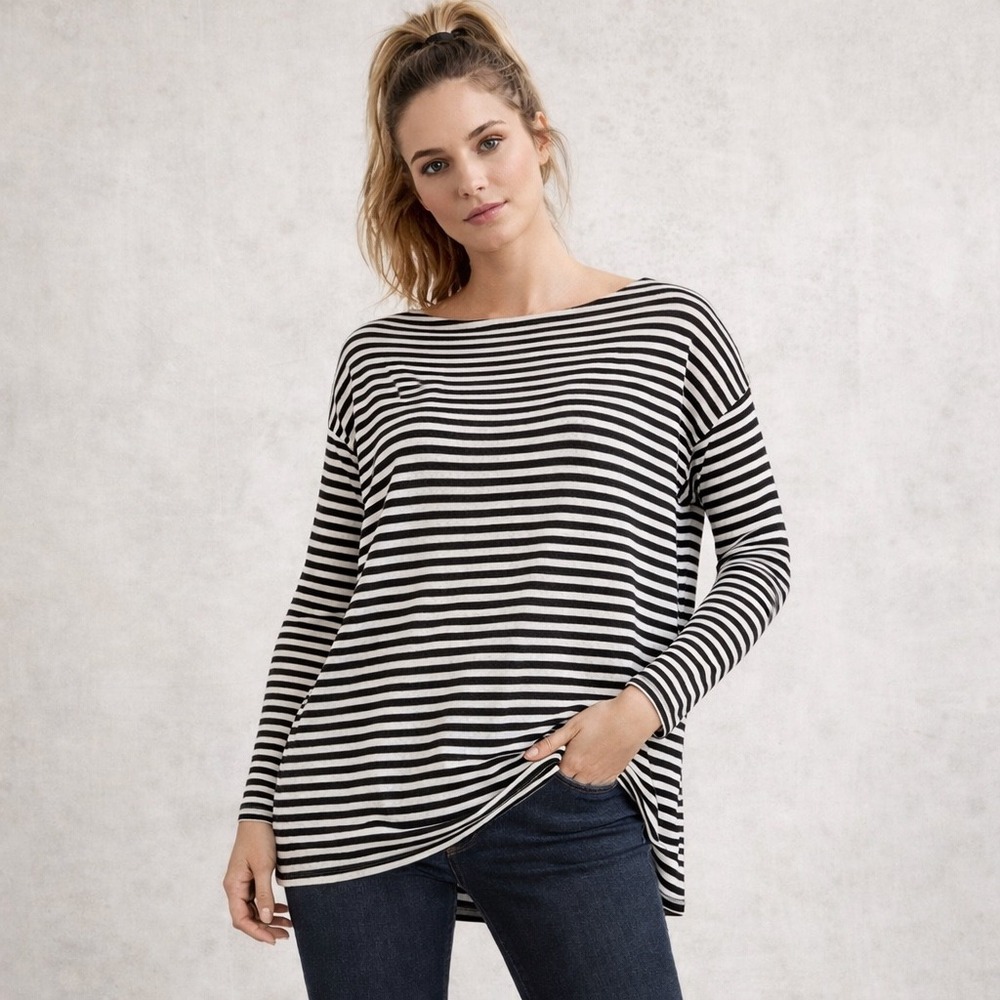 AllSaints Rita Black White Striped Boat Neck Oversized Slub Knit Top LG Minimal